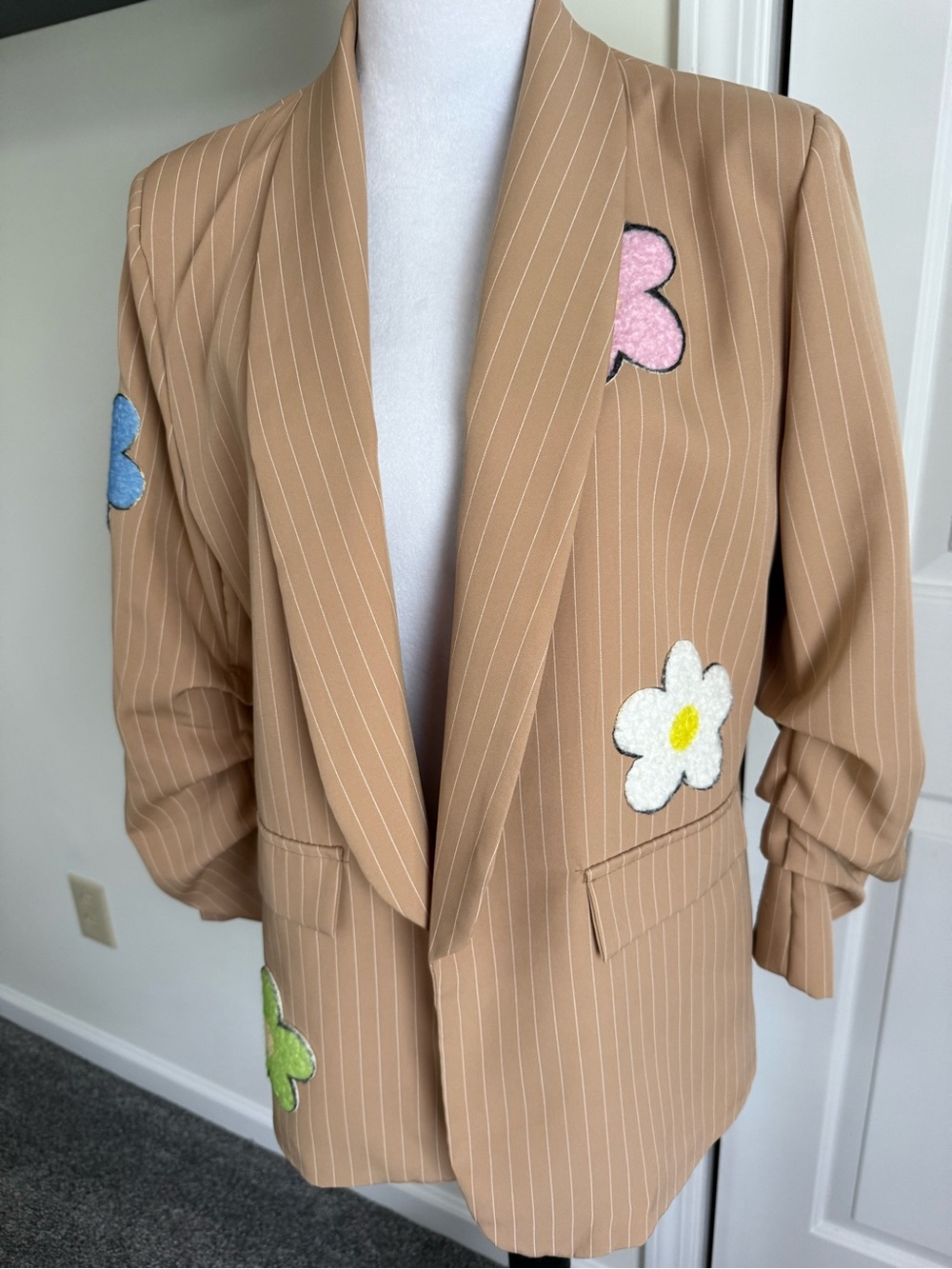 Trendy boutique Tan Pinstripe Blazer with Colorful Floral Patches